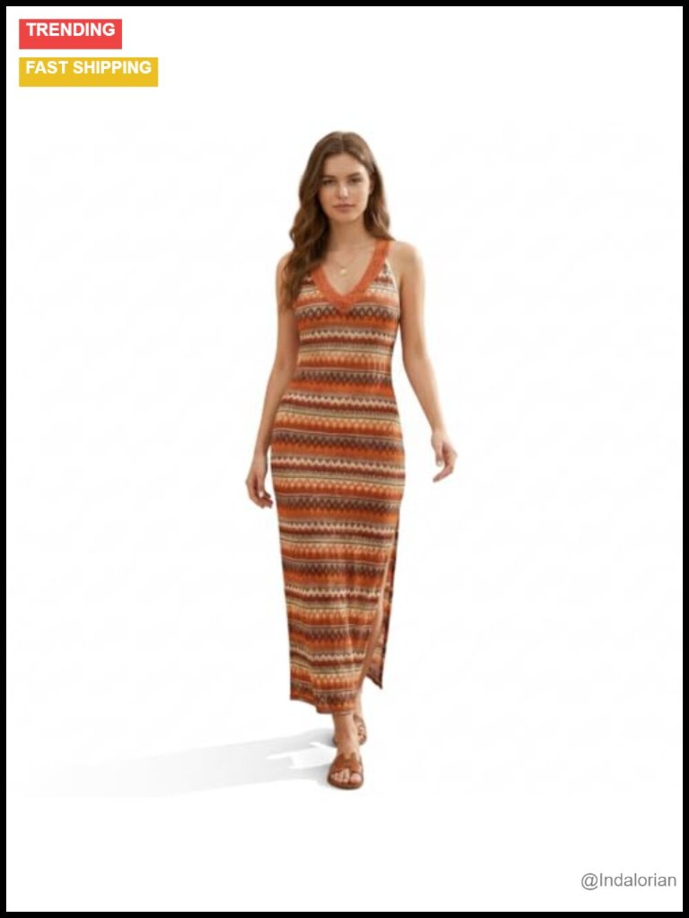 Sleeveless Fitted Knit Maxi Dress with V-Neck and Side Slit